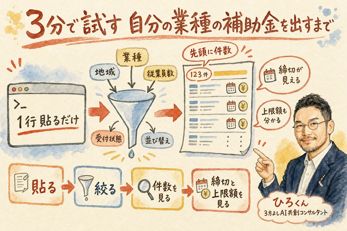 3分で試す：自分の業種の補助金を出すまでの手順とAPIパラメータの図解