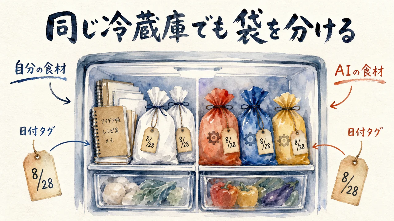 同じ冷蔵庫でも自分の食材とAIの食材は袋を分け、日付タグを付ける