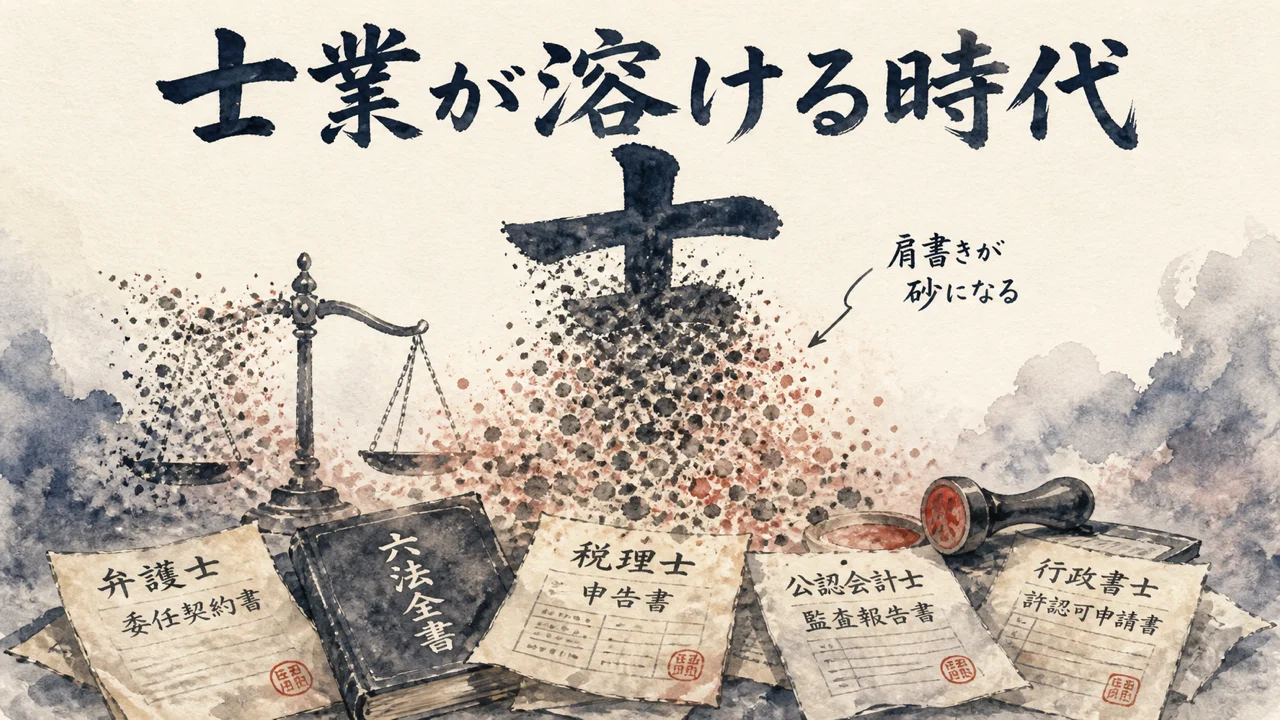 「士」の文字が崩れて士業の肩書きが溶けていく様子を示す図解