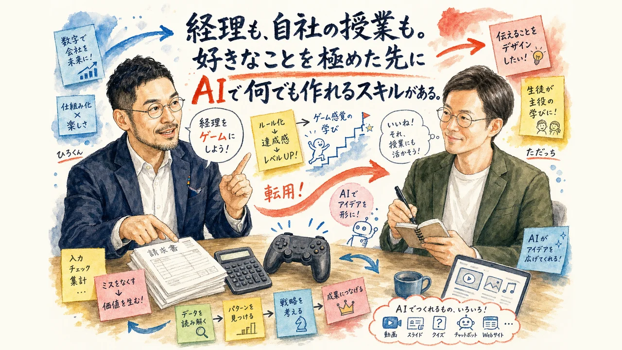ゲーム作りで得たスキルを経理や自社の授業などに転用する構造の図解