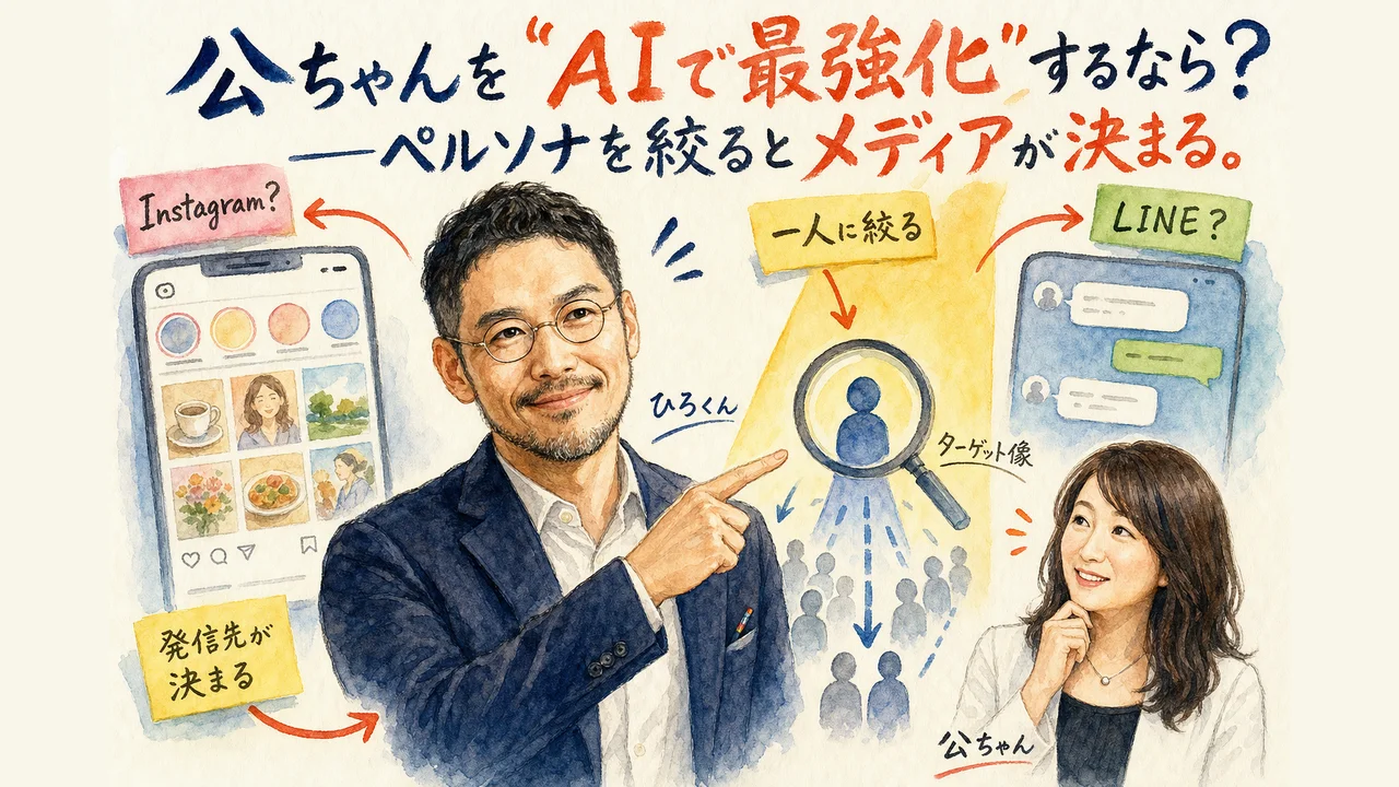 ペルソナを絞り込んで発信媒体を決めていく流れを表した和モダングラレコ