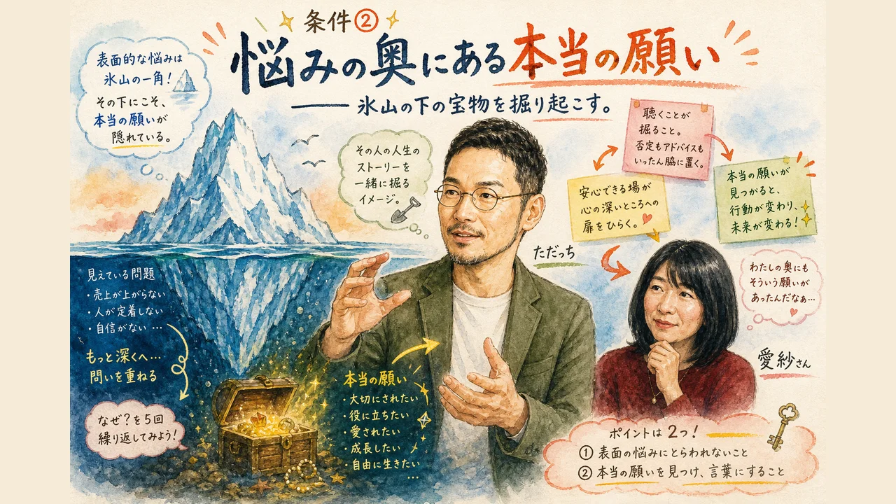 氷山モデルで悩みの構造を説明するただっちと愛紗さん