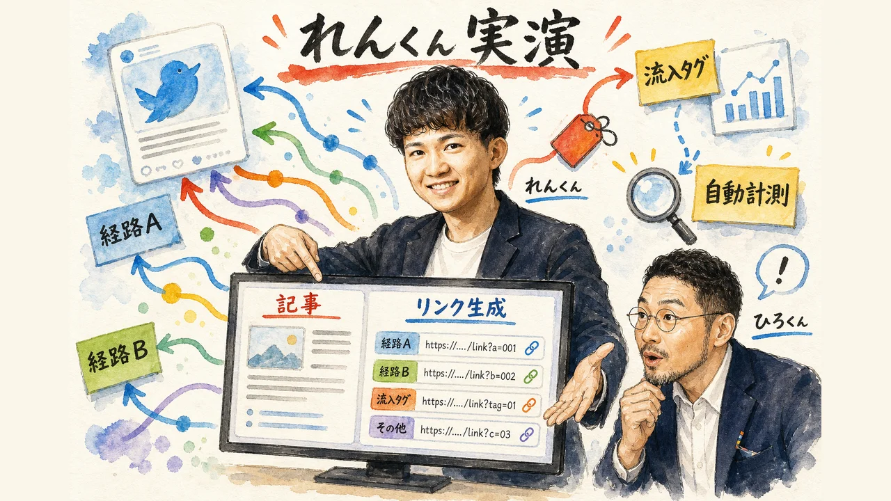れんくんの実演 Xの記事から流入経路を自動トラッキング 図解