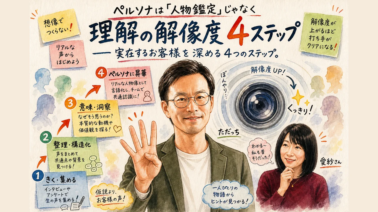 ペルソナは「人物鑑定」じゃなく「理解の解像度」──実在するお客様を深める4つのステップ 解説図