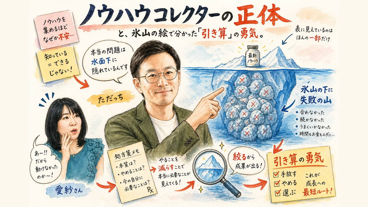 氷山の絵を見ながら引き算の大切さを話す愛紗さんとただっち