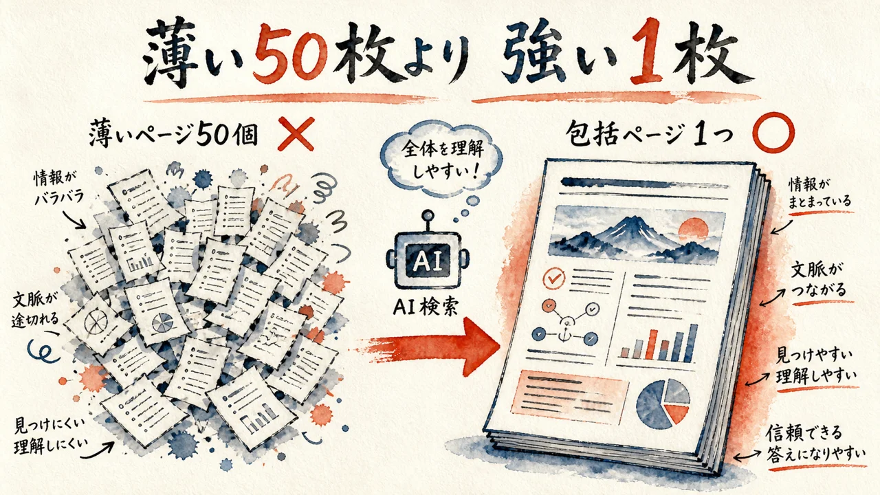 薄いページ50個と包括ページ1つの対比図解