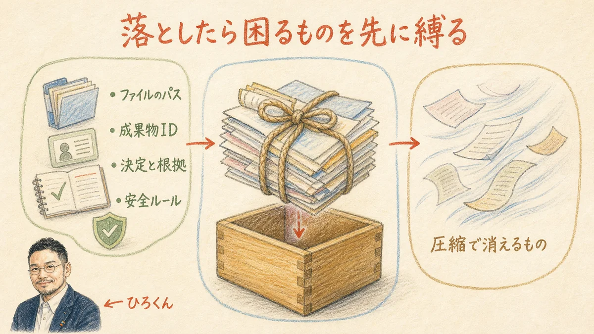 落としたら困る紙束を紐で結んで箱に納める様子