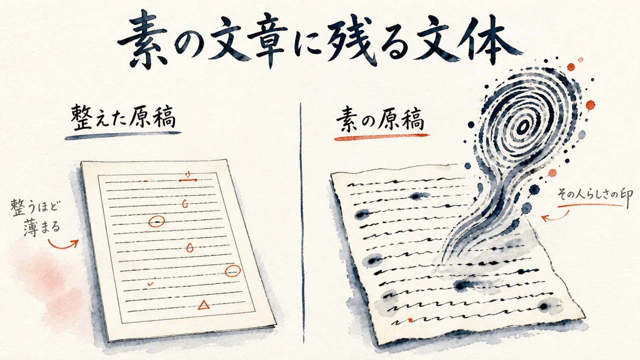 整えた原稿と素の原稿の対比。直されていない文章にその人らしさが残ることを示す図解