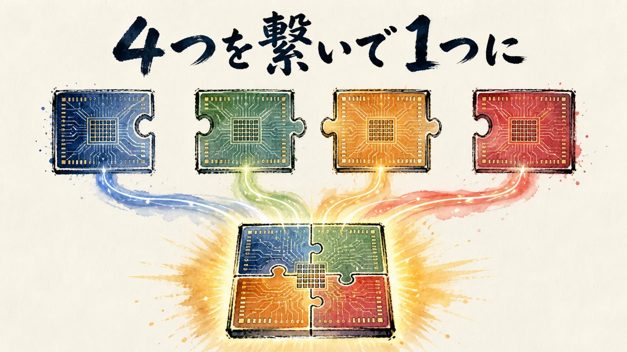 4つのダイをUltraFusionで1つのプロセッサに繋ぐ様子の図解