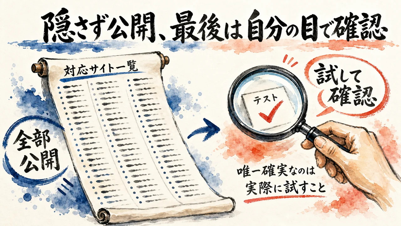 対応サイト一覧を隠さず公開し実際に試してほしいと伝える図解