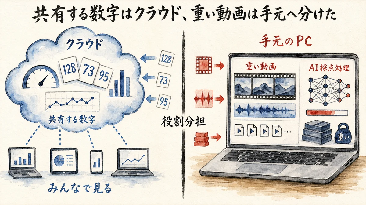 共有する数字はクラウド、重い動画は手元へ分ける図解