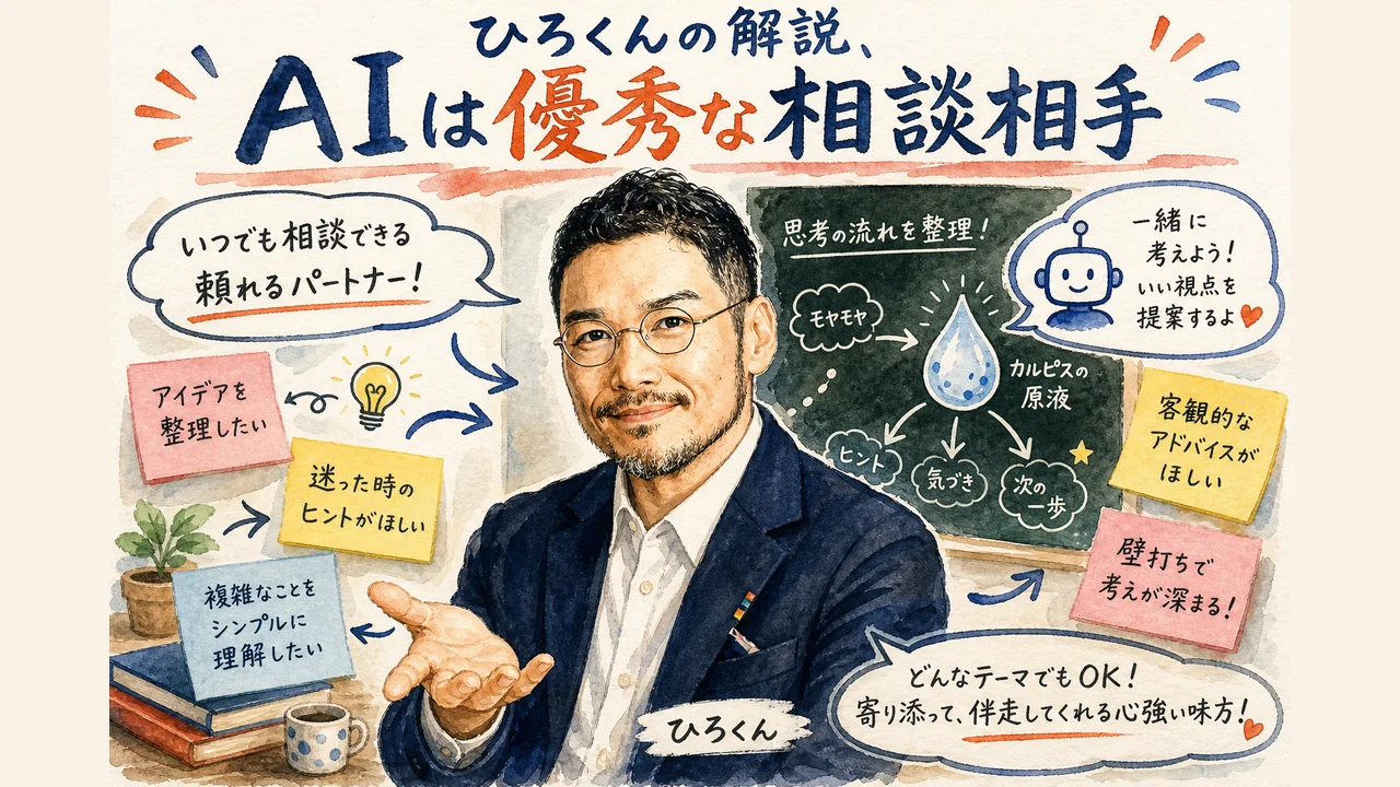 ひろくんの解説、AIは優秀な相談相手イラスト