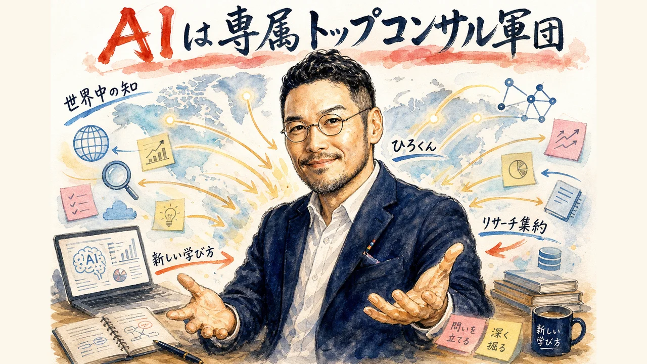 ひろくんがAIを専属コンサル軍団に例えて解説しているグラフィックレコーディング