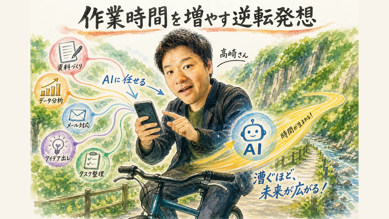 自転車を漕ぎながらAIに仕事を任せて作業時間を増やす逆転の発想を表した和モダングラレコ