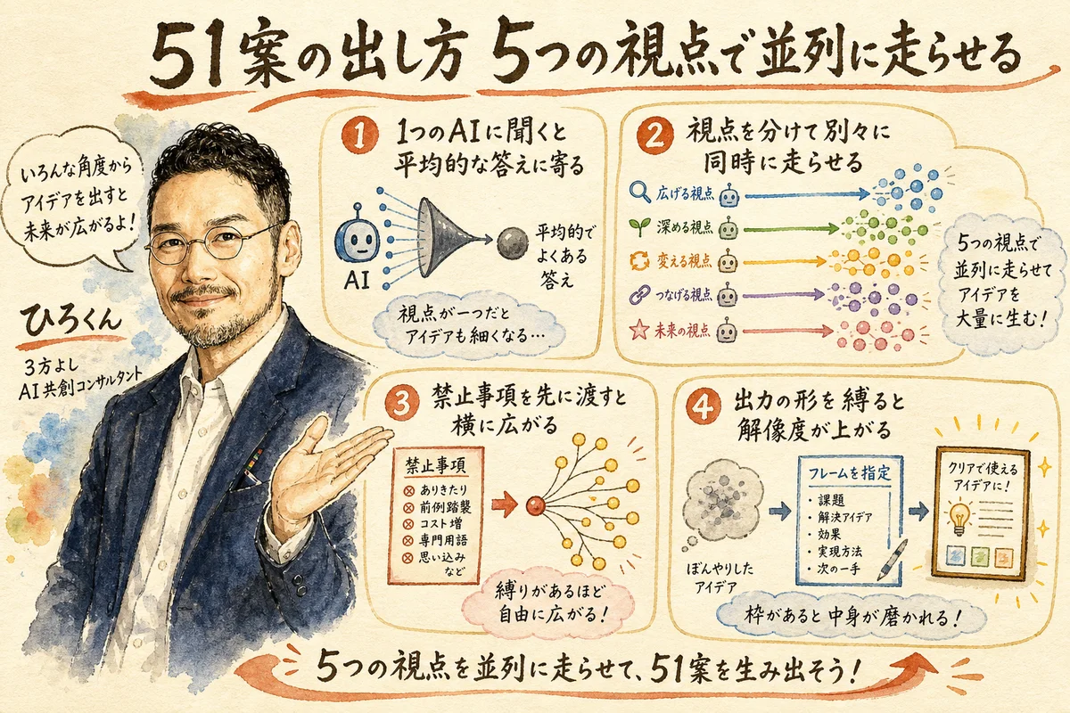 51案の出し方：5つの視点で並列に走らせる手法の図解