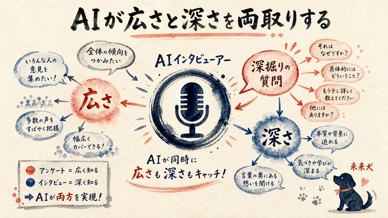 AIが広さと深さを両取りする——AIインタビューアーと未来犬