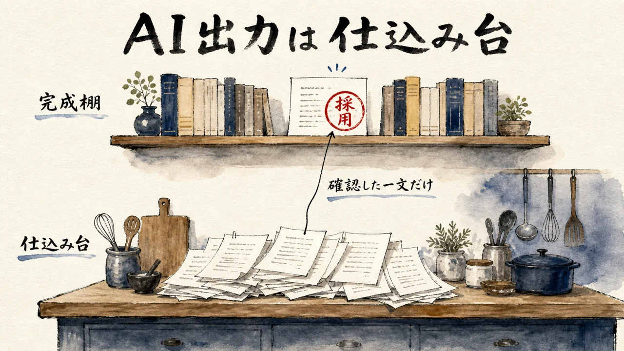 AI出力は仕込み台。完成棚に並ぶのは自分の目で確認した一文だけ