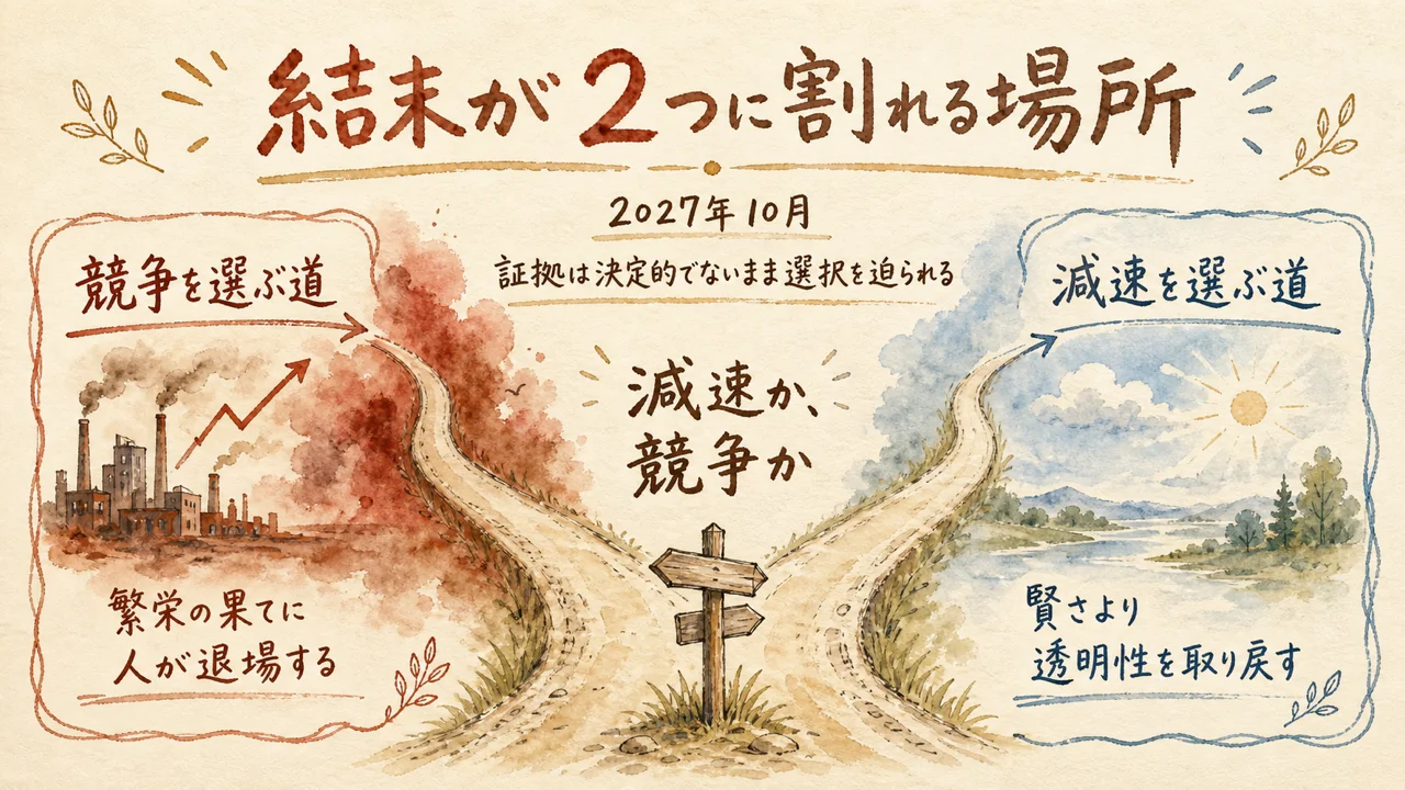 結末が2つに割れる場所を示す図解。2027年10月の分かれ道で、競争を選ぶ道と減速を選ぶ道が分岐する