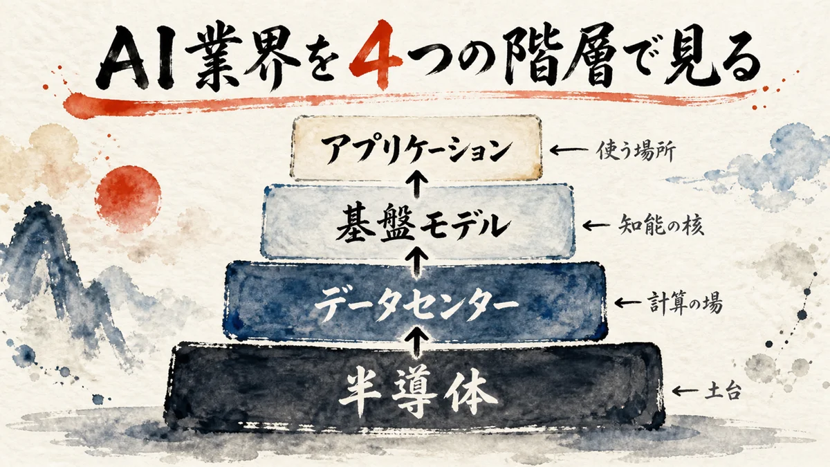 AI業界を半導体・データセンター・基盤モデル・アプリの4階層で見る図解