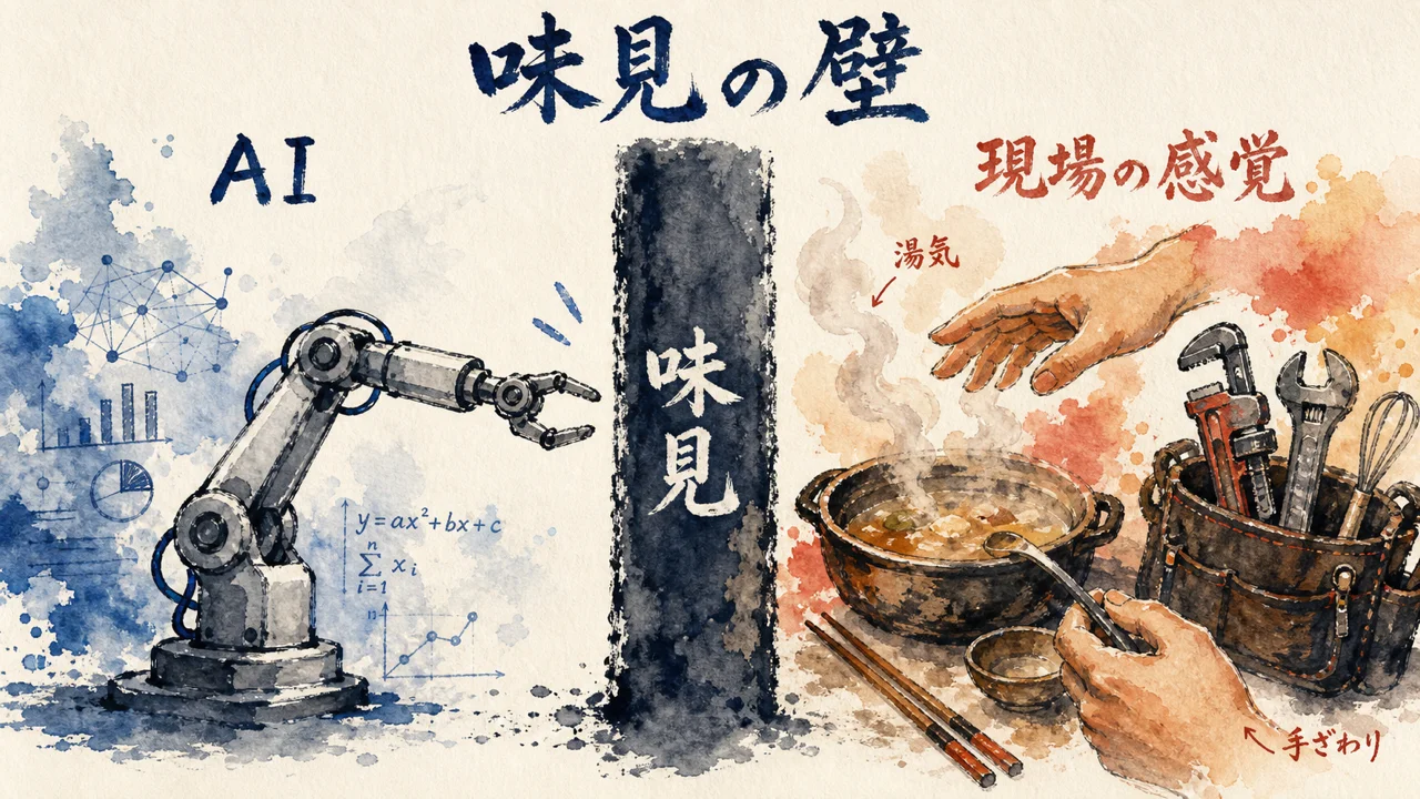 AIロボットアームと人の手を隔てる「味見の壁」を示す図解