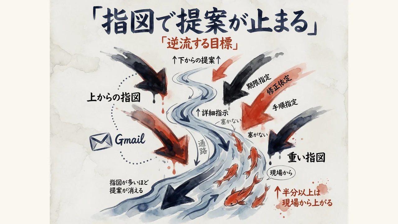 指図で提案が止まる。下から上がる目標の図