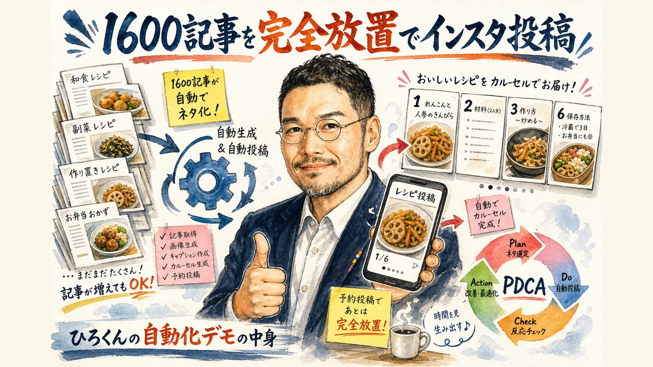 過去のブログ記事をAIが自動でインスタグラムに投稿し分析改善するPDCAサイクルを表した和モダングラレコ