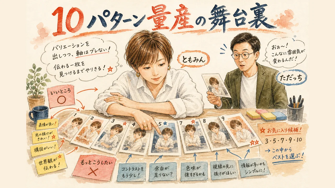 複数のバリエーション画像を見比べながらブラッシュアップしていくイラスト