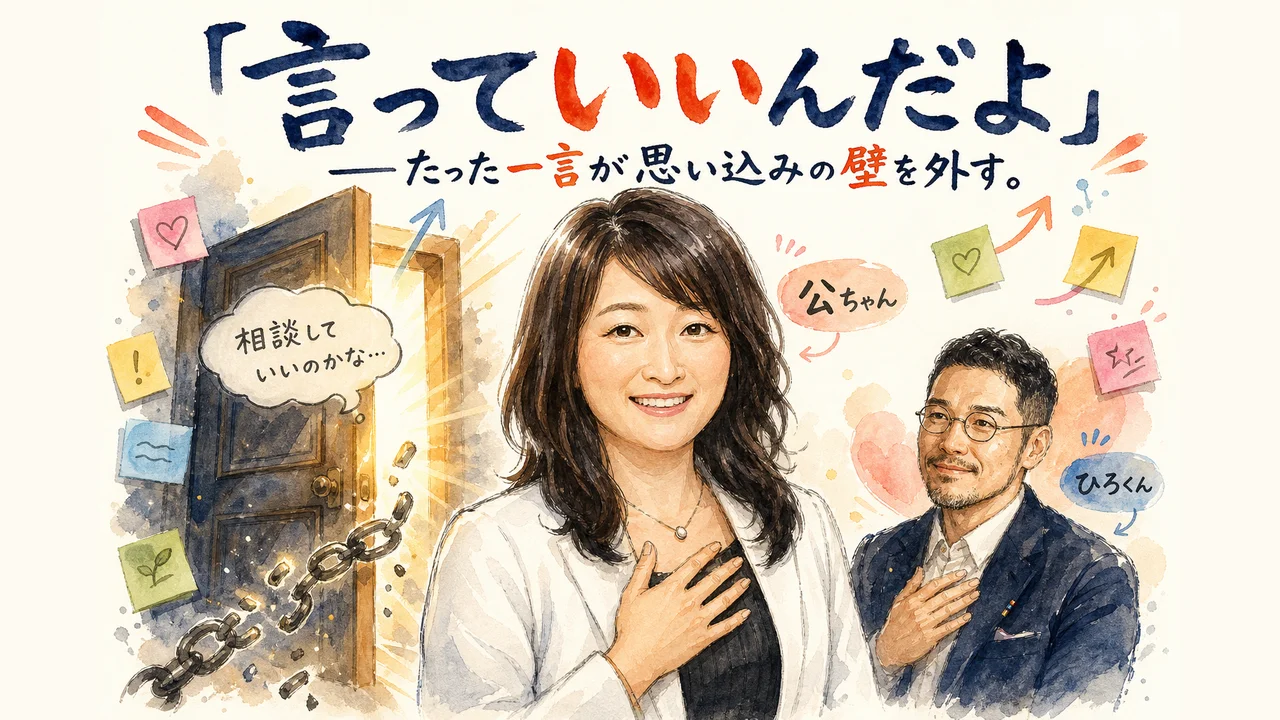 「言っていいんだよ」——たった一言が思い込みの壁を外す。鎖が外れて扉が開くグラレコ図解