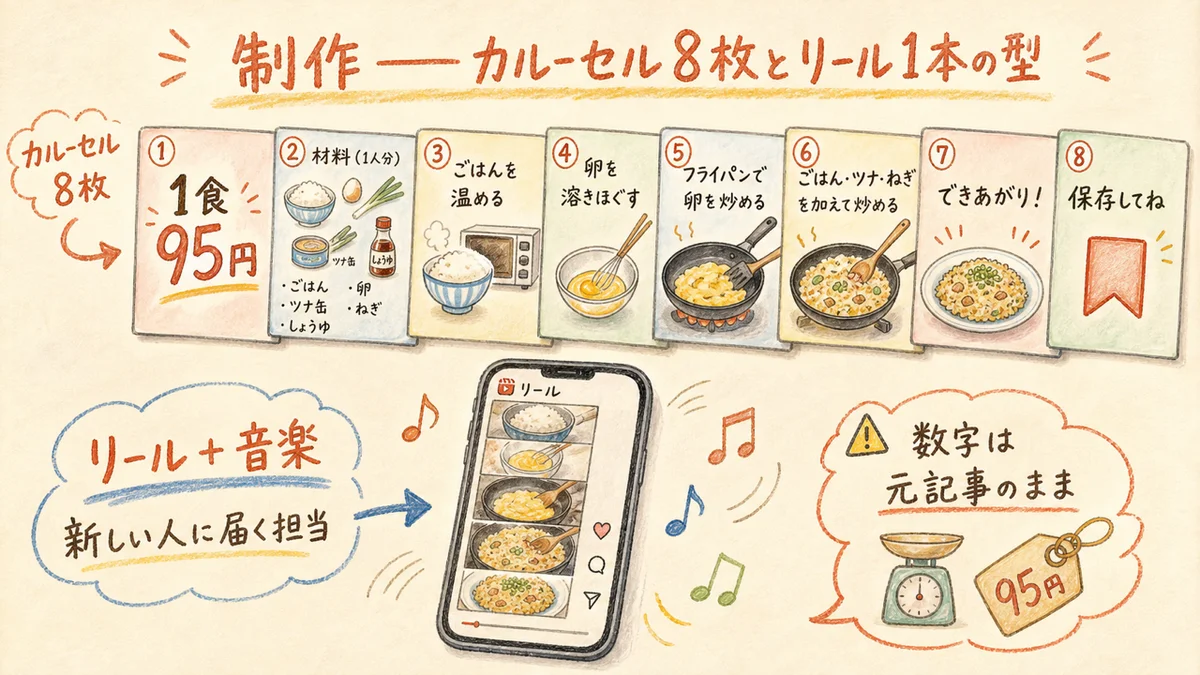 カルーセル8枚とリール1本の制作の型を示した図解