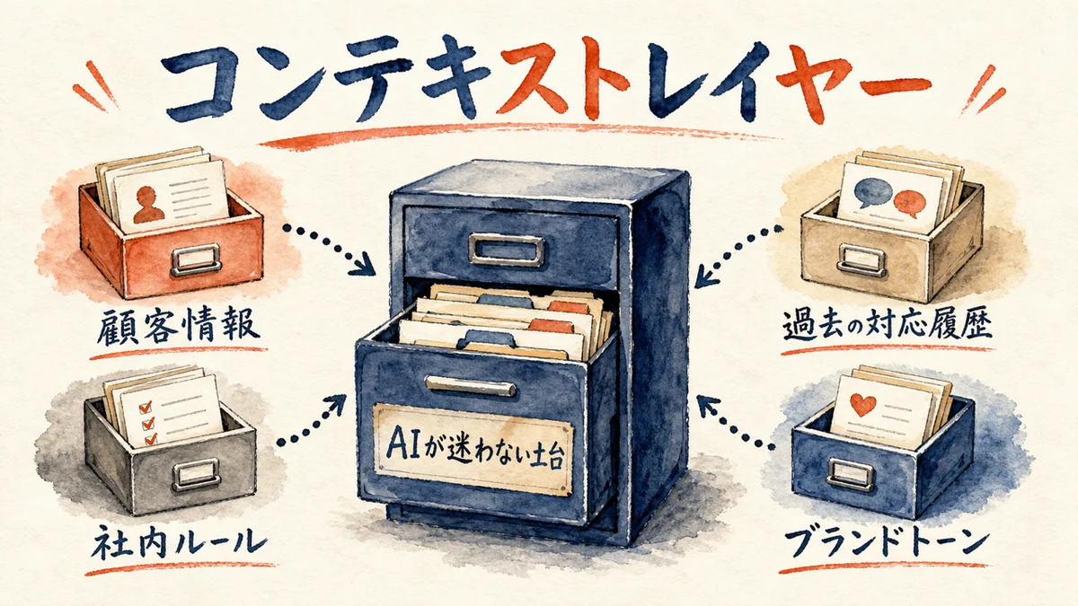 コンテキストレイヤー——顧客情報・社内ルール・過去履歴・ブランドトーンの図解