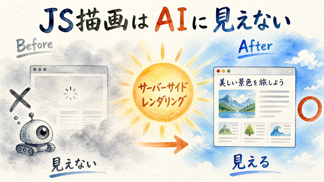JS描画は見えない霧、サーバーサイドレンダリングは晴れの図解
