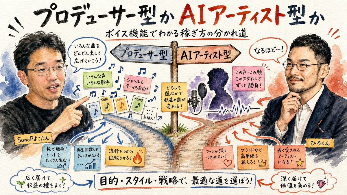 プロデューサー型とAIアーティスト型の分岐の図解