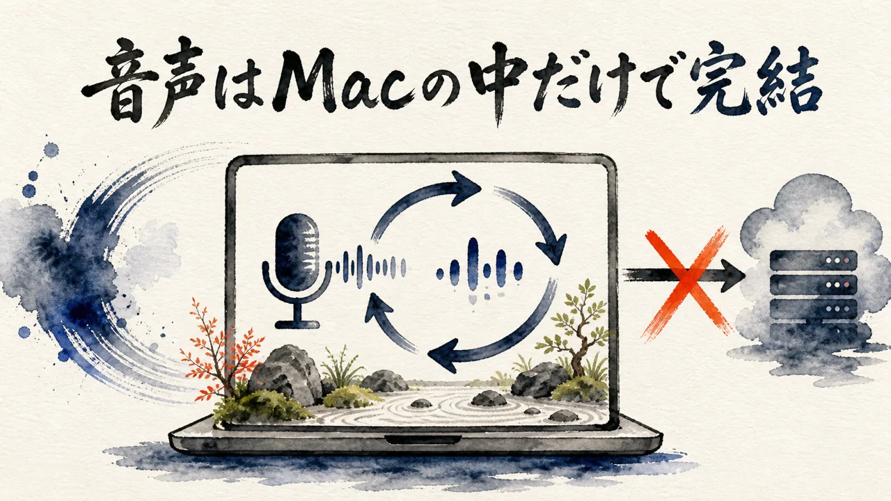 音声認識がMacの中だけで完結し外部に出ない仕組みの図解