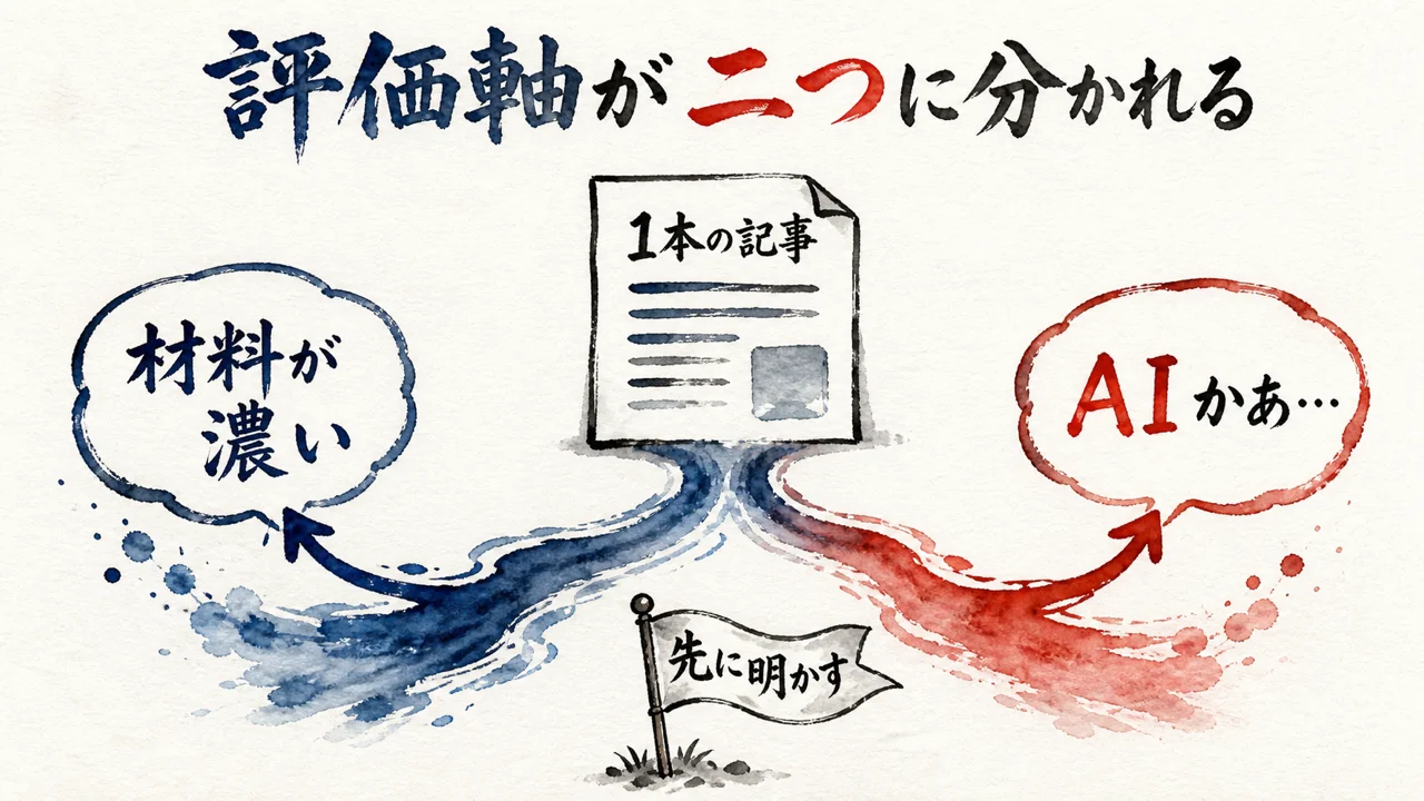 1本の記事から評価軸が二つに割れる図解。材料が濃いと見る側とAIかと落胆する側