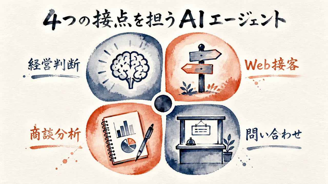 経営判断・Web接客・商談分析・問い合わせ4つのAIエージェントの図解