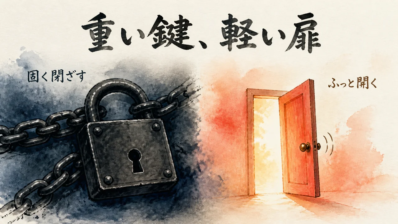 固く閉ざされた重い南京錠と、ふっと軽く開く扉の対比の図解