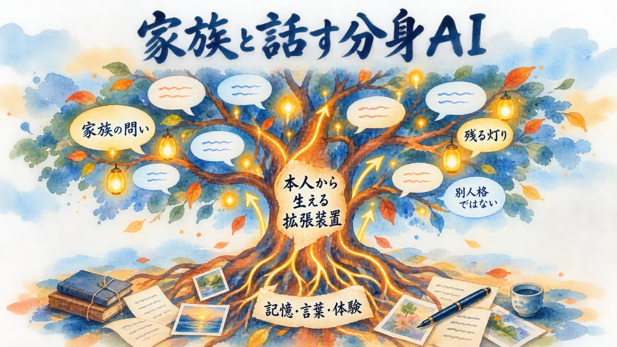 家族と話す分身AI——本人から生える拡張装置という考え方の図解