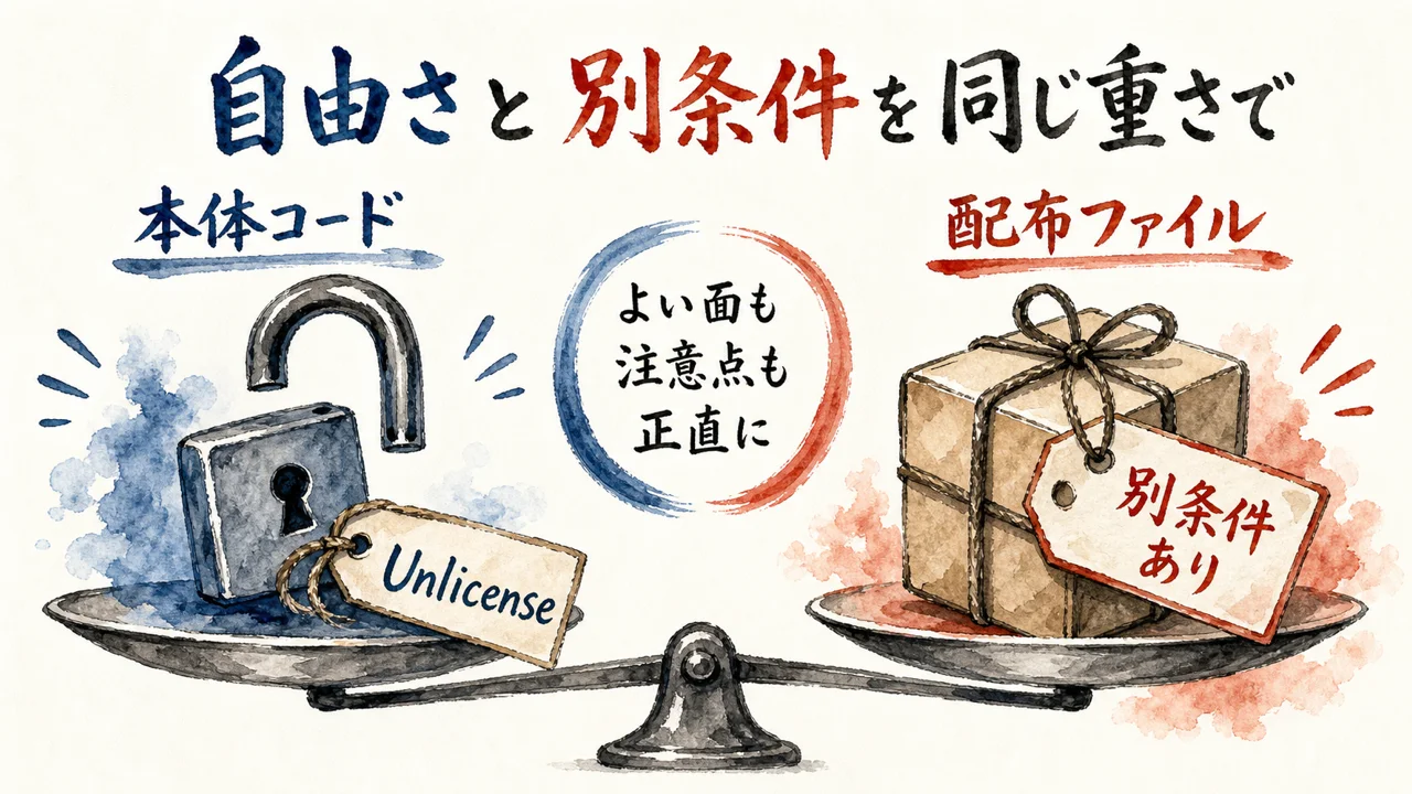 Unlicenseの自由さと配布ファイルの別条件を天秤で示す図解