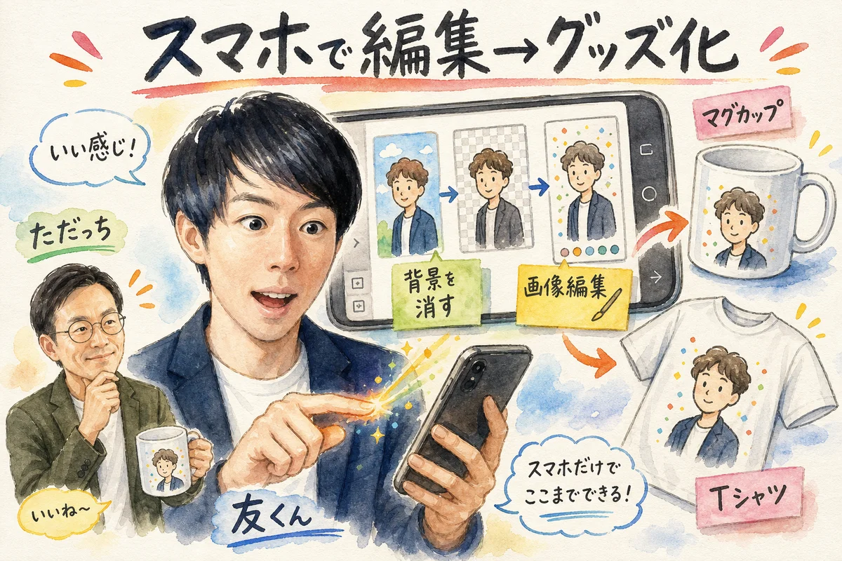 スマホで背景を削除してマグカップのモックアップを作る様子を表した和モダングラレコ