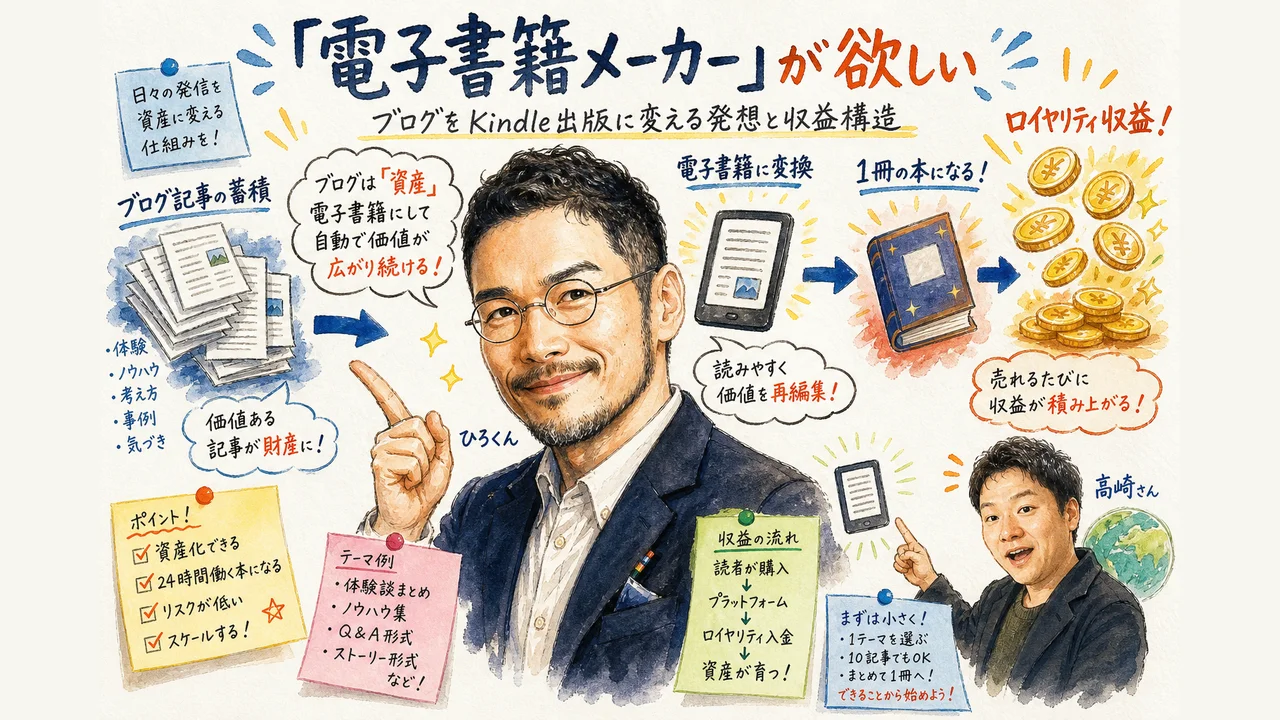 ブログ記事や過去の発信をAIが電子書籍に変換していく仕組みを表した和モダングラレコ