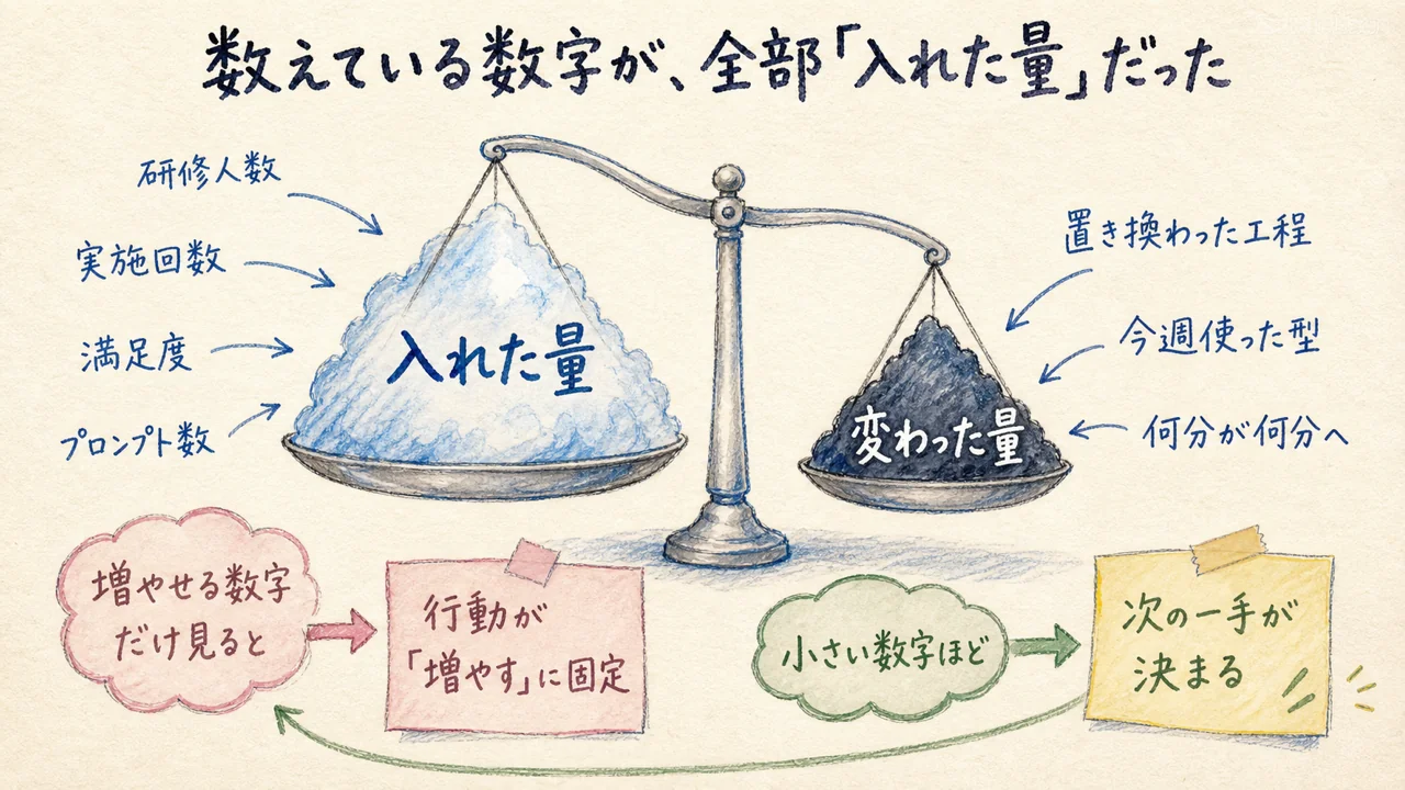 入れた量の数字と変わった量の数字を天秤で比べた図解