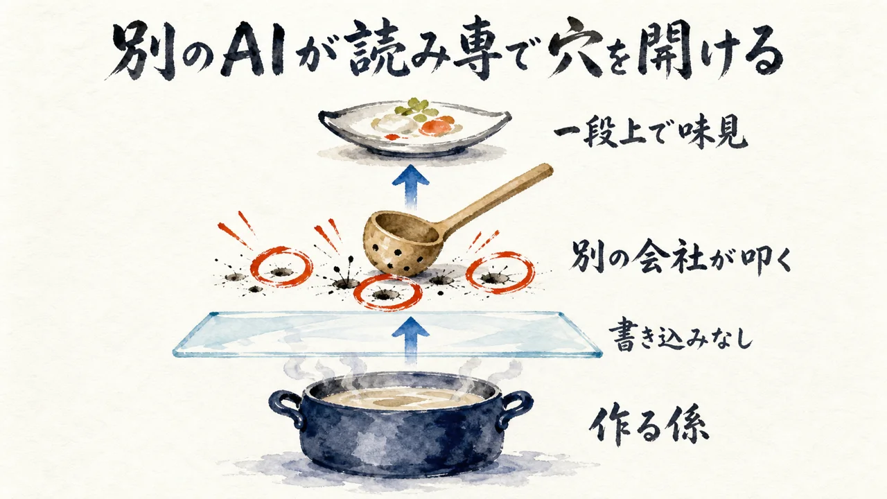 別のAIが読み取り専用で穴を開ける敵対的レビューの図解
