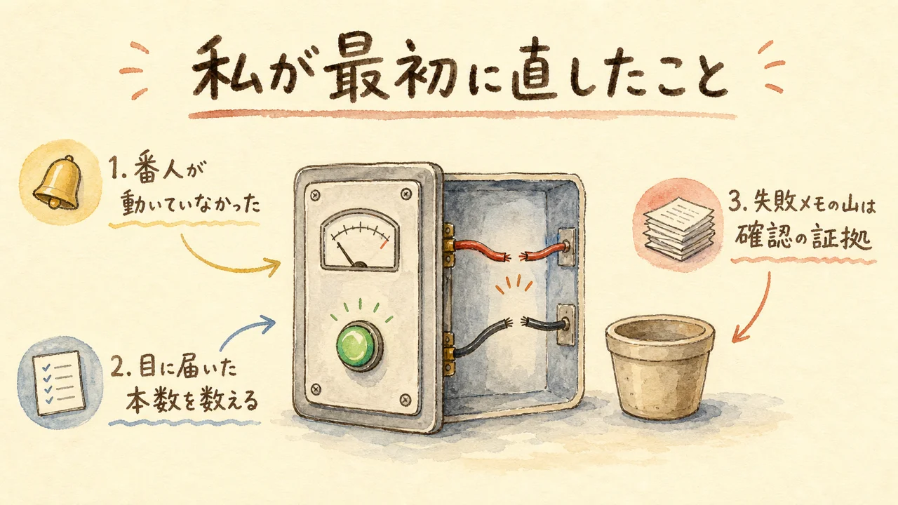 私が最初に直したことを示す図解。緑ランプは点いているのに裏側の配線が切れている計器盤と、空の鍋
