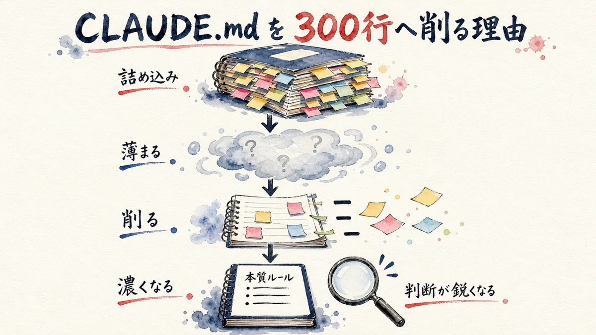 CLAUDE.mdを2ヶ月かけて300行に削る4段階の図解