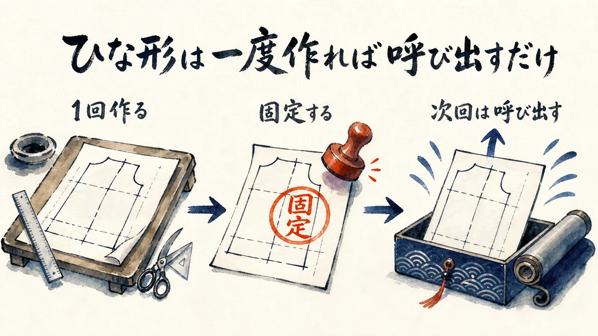 ひな形は一度作れば呼び出すだけ——テンプレート化の図解