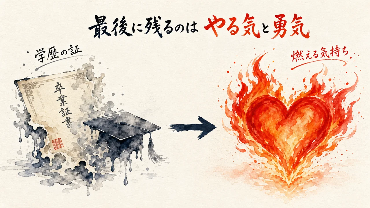 溶ける卒業証書と燃える炎のハートで、学歴よりやる気と勇気が残ることを示す図解