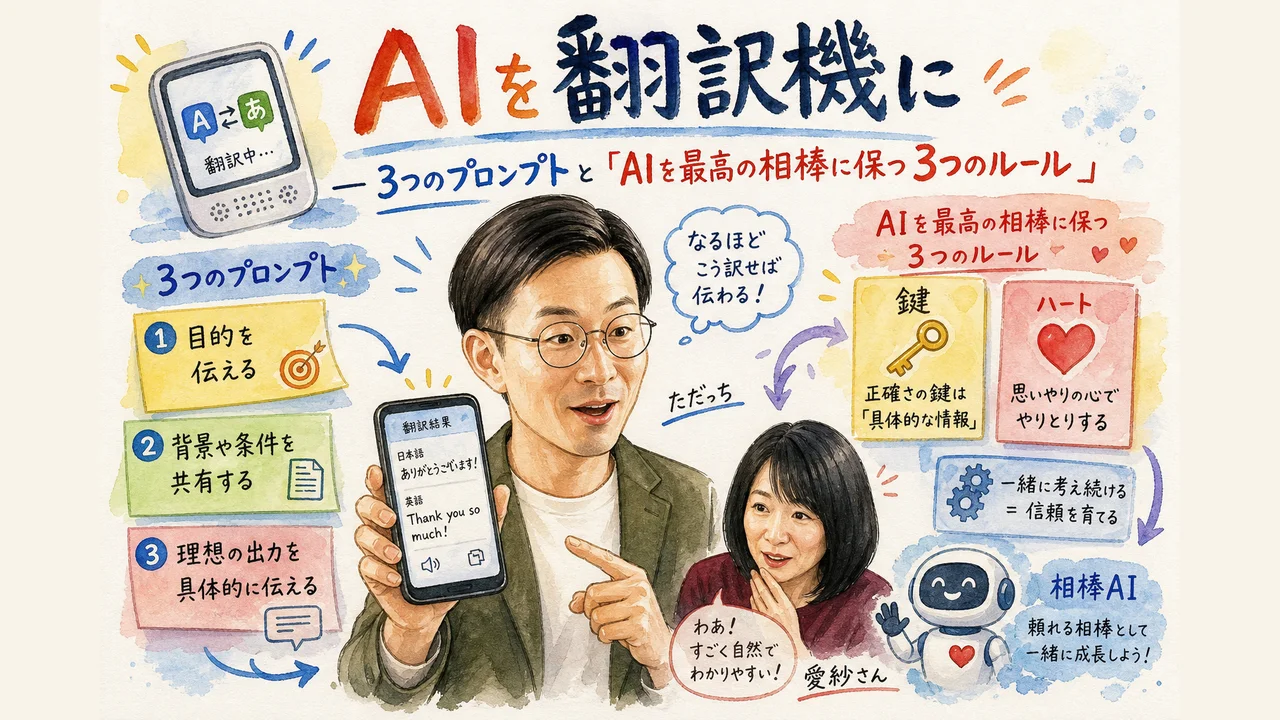 AIを翻訳機に──3つのプロンプトと「AIを最高の相棒に保つ3つのルール」解説図