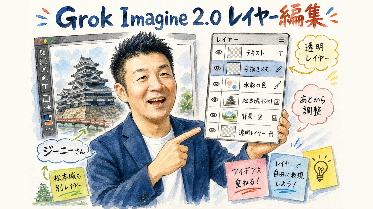Grok Imagine 2.0のレイヤー編集機能を表した図解