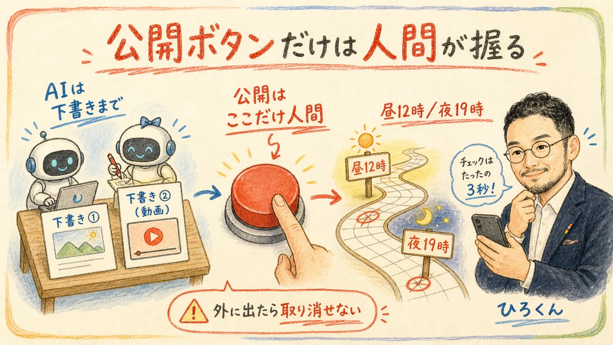 公開ボタンだけを人間が押す運用を示した図解