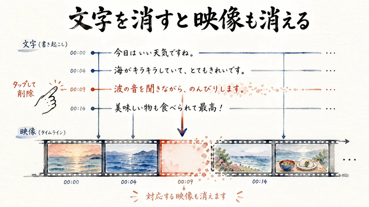 文字起こしのテキストを消すと対応する映像も消える動画編集の図解
